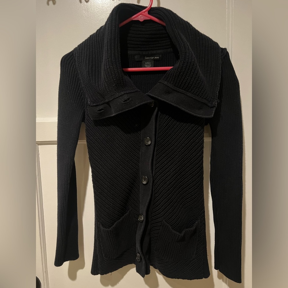 Calvin Klein high neck black button up sweater